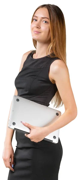 Leende Kvinna Med Laptop Vit Bakgrund — Stockfoto