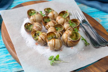 Baked snails with garlic butter and fresh herbs clipart