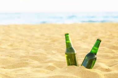 Bira şişeleri kumlu bir plaj üzerinde
