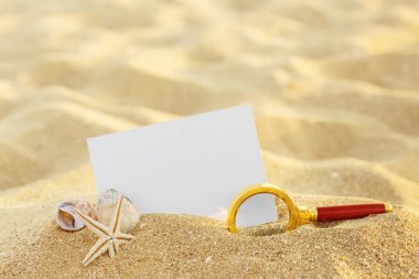 Resim çerçevesi kabukları ve kum arka plan üzerinde. Kopya alanı.