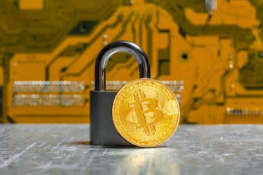 Altın bitcoin ve anakart arka plan asma kilit