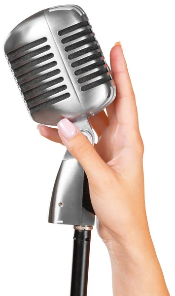 Femme Tenant Grand Microphone Rétro Pour Chanter — Photo