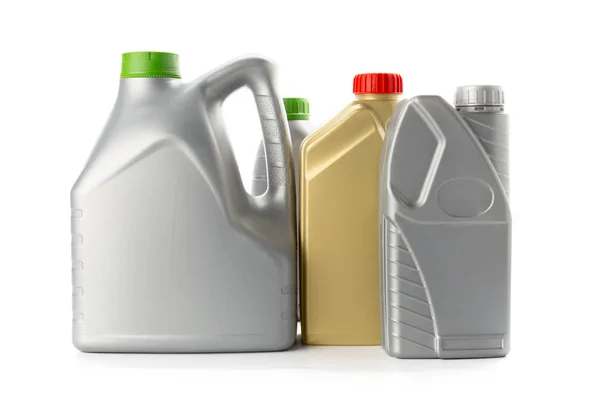 Пластикові Пляшки Автомобільних Олій Ізольовані Білому — стокове фото