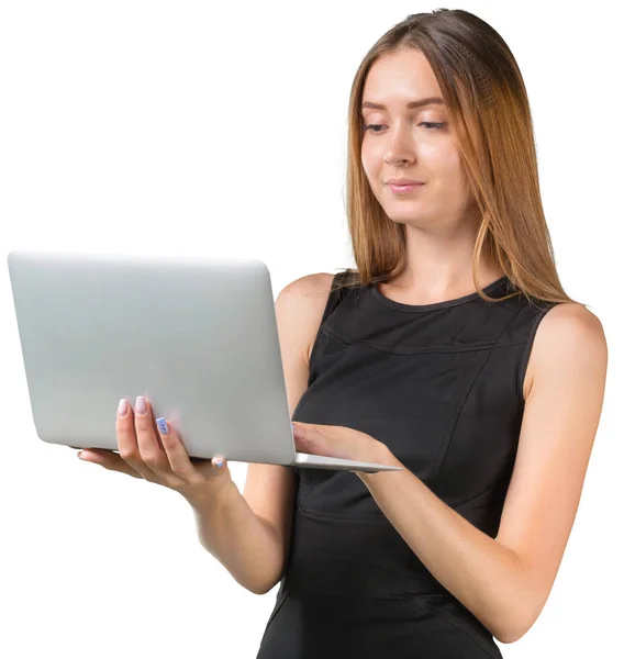 Mulher Sorridente Com Laptop Fundo Branco — Fotografia de Stock