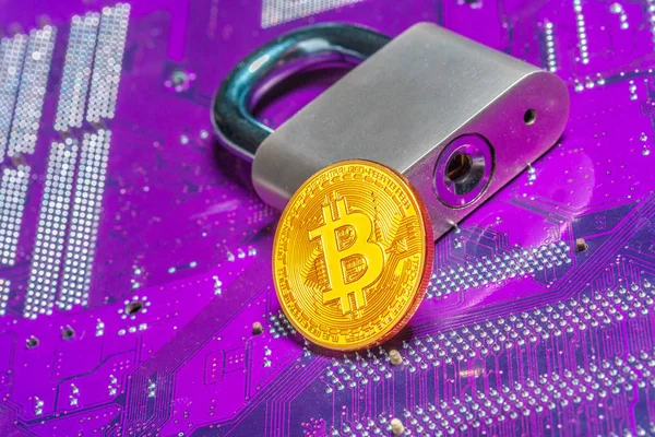 Anakart Arka Plan Üzerinde Altın Bitcoin Cryptocurrency — Stok fotoğraf