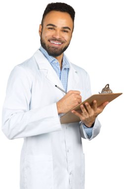 Beyaz arka plan üzerinde izole kalem ile Afrika kökenli Amerikalı siyah erkek doktor