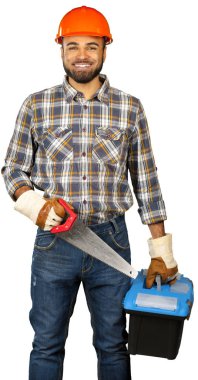 Beyaz arka plan üzerinde izole araçları ile inşaat işçisi