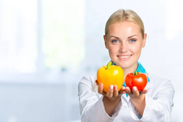 Smiling Medical Woman Doctor Vegetables Hands — Stock Photo, Image