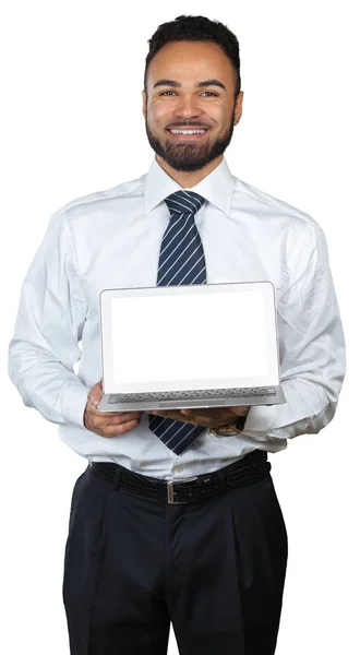 Retrato Empresário Segurando Laptop Fundo Branco — Fotografia de Stock