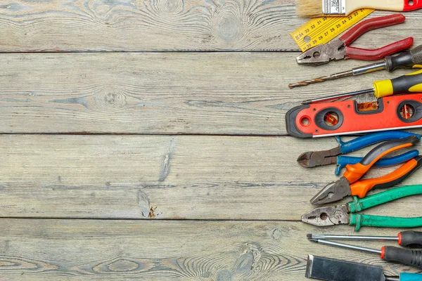 Assorted Work Tools Wooden Table — Stock Photo, Image