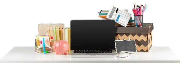 Laptop Surrounded Office Stuff White Table — Stock Photo, Image