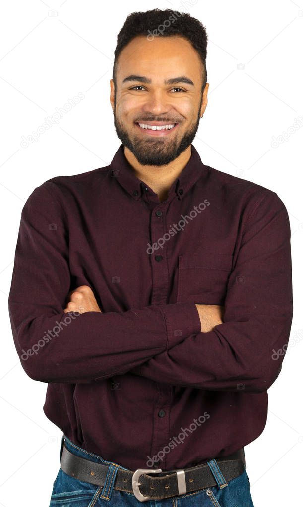 Portrait of smiling young african man on white background