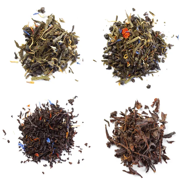 Vier Arten Von Teeblättern Isoliert Auf Weißem Hintergrund — Stockfoto