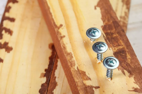 Screws Screwed Wooden Bar — Stock Photo, Image