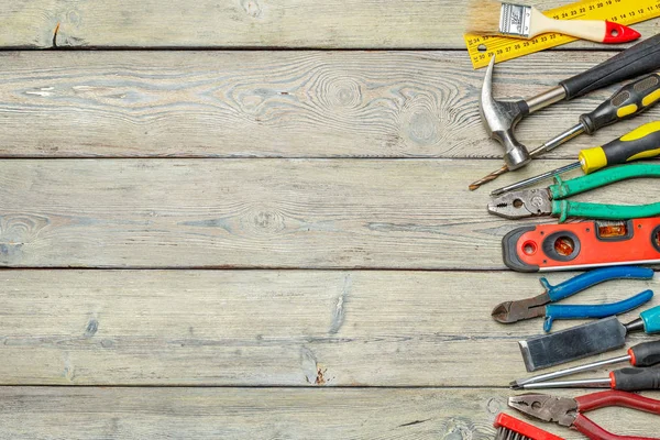 Variety Work Tools Wooden Background — Stock Photo, Image