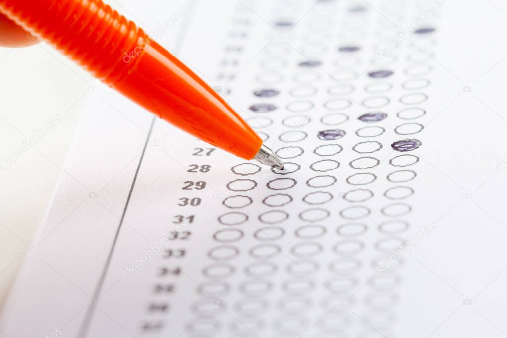Close view of test score sheet with answers