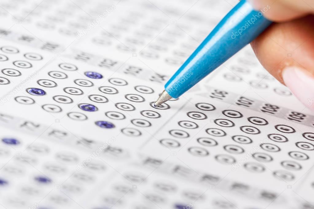 Close view of test score sheet with answers