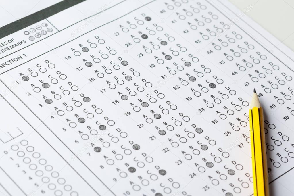 Close view of test score sheet with answers