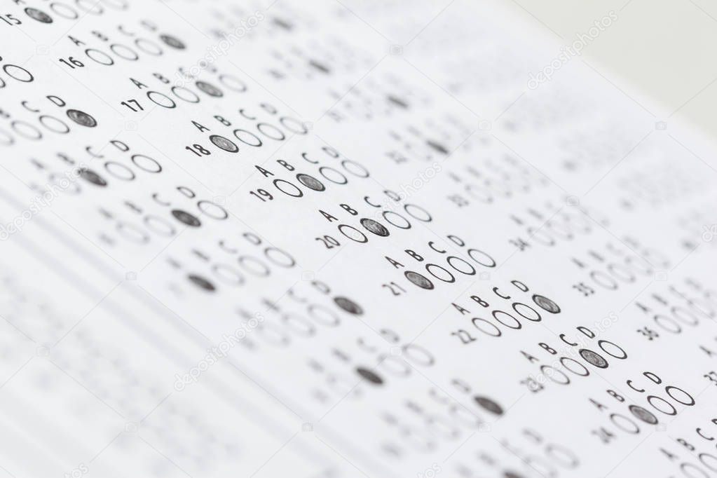 Close view of test score sheet with answers