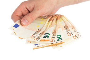 parayı elinde beyaz zemin üzerine izole