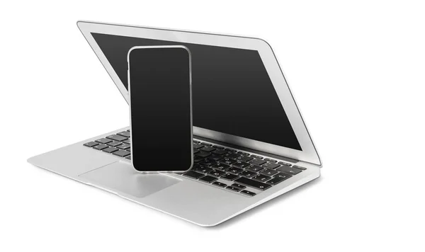 Laptop Und Handy Isoliert Auf Weißem Hintergrund — Stockfoto