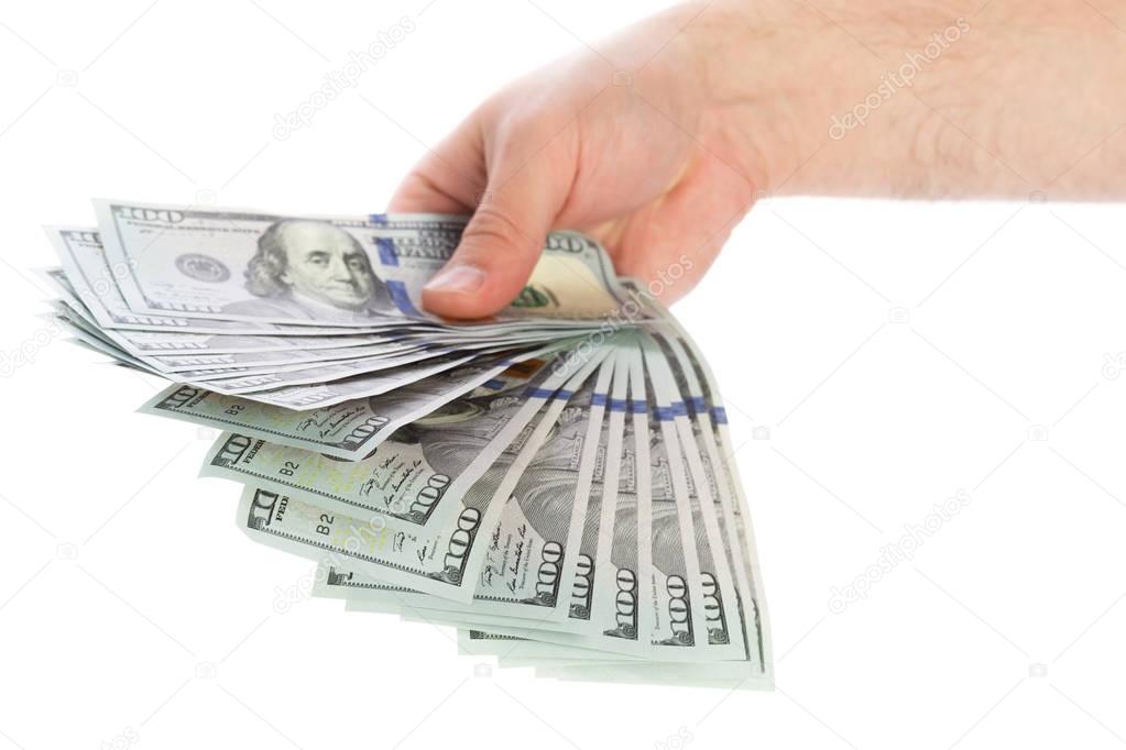 money in the hand on white background