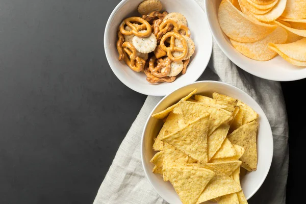 Snacks Salados Pretzels Papas Fritas Galletas Saladas — Foto de Stock