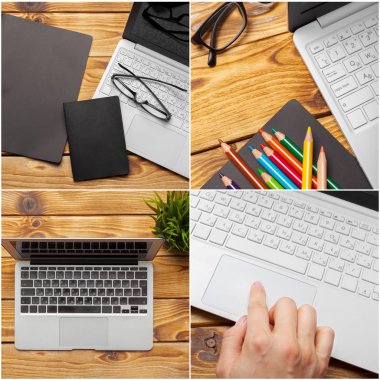 Laptop, defter üzerinde ahşap çalışma masası 
