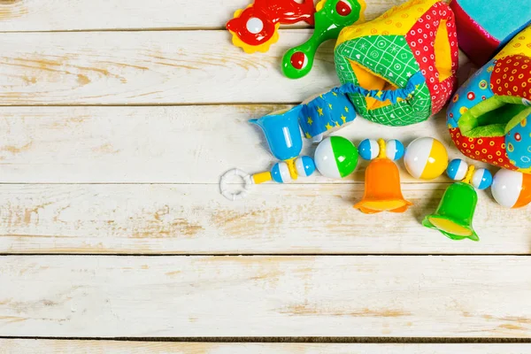 Conjunto Brinquedos Para Crianças Fundo Madeira — Fotografia de Stock