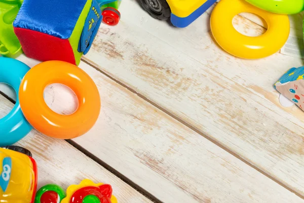 Conjunto Juguetes Para Niños Sobre Fondo Madera — Foto de Stock