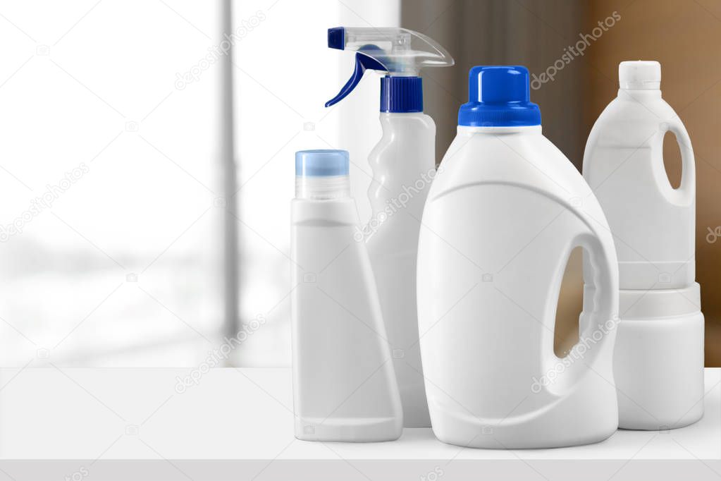 Cleaning products on table close up