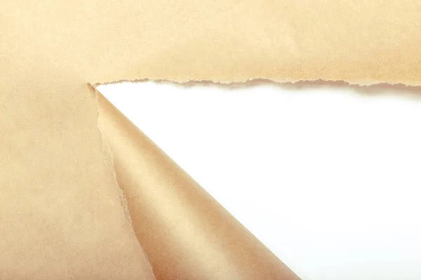 Brown Package Paper Torn Reveal White Panel — Stock Photo, Image