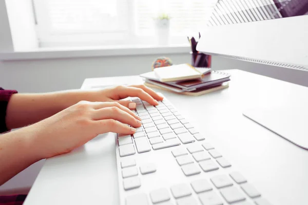 Mani Una Donna Ufficio Digitando Sul Computer — Foto Stock