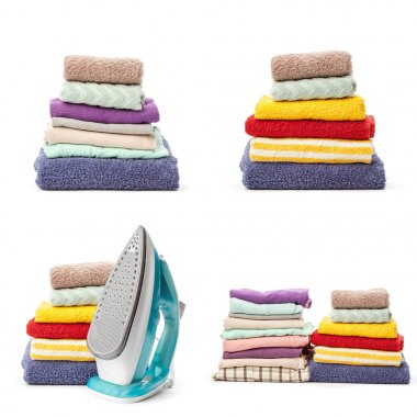 Beyaz arka plan üzerinde izole giyim koleksiyonu yığınları