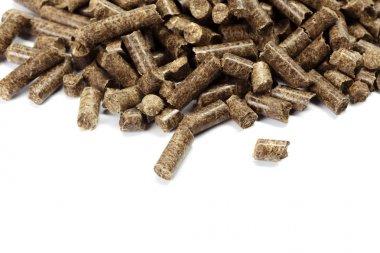 bio enerji, beyaz arka plan, izole için ahşap parçaları yığını.