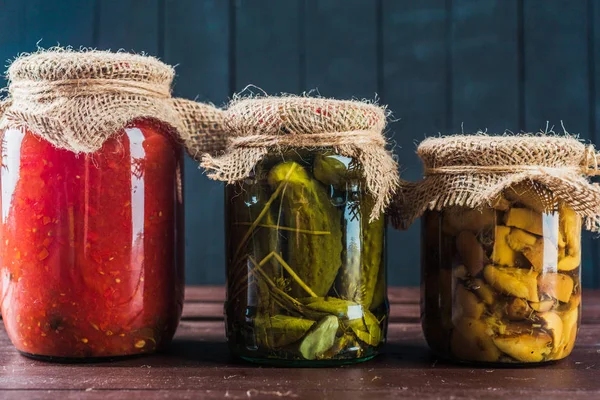 Preserved Vegetables Wooden Background — Stock Photo, Image