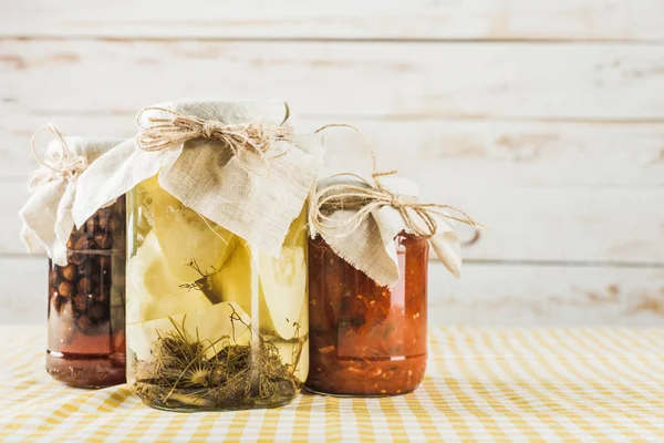 Preserved Vegetables Wooden Background — Stock Photo, Image