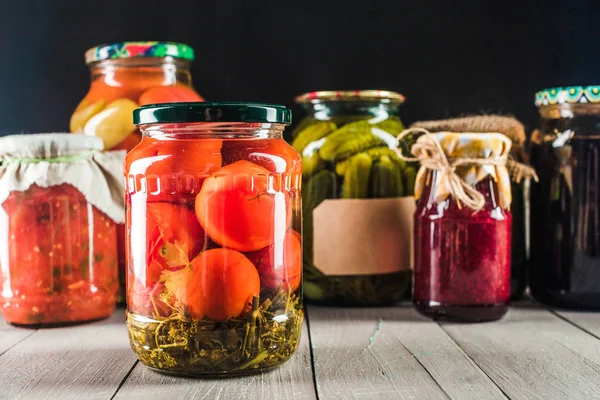 Preserved Vegetables Wooden Background — Stock Photo, Image