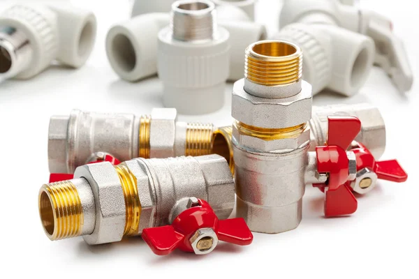 Set Metal Plastic Plumbing Couplings Adapters Plugs Isolated White Background — Stock Photo, Image