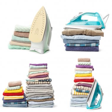 Beyaz arka plan üzerinde izole giyim koleksiyonu yığınları