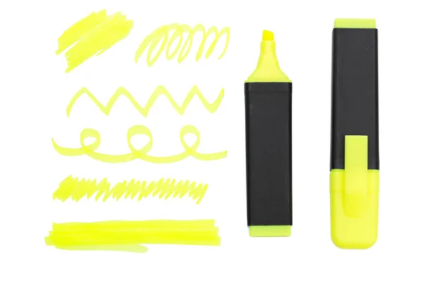 Penna evidenziatore giallo e Doodles isolato su sfondo bianco — Foto Stock