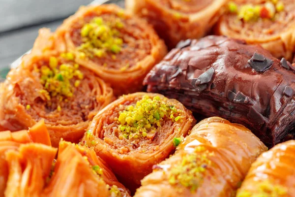 Turkish Dessert Baklava. close up. creative photo — Stock Photo, Image