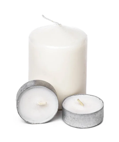 White Wax Candles Lights Isolated on White Background — Stock Photo, Image