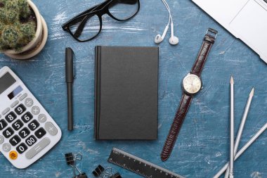 Creative flat lay photo of workspace desk blank black notebook with copy space background