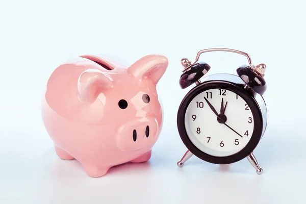 Piggy bank with alarm clock isolated on white background. Creative photo.