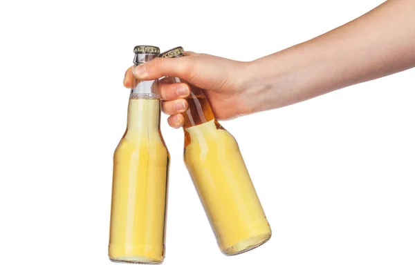 Hand Hält Eine Bierflasche Ohne Etikett Isoliert Auf Weißem Hintergrund — Stockfoto