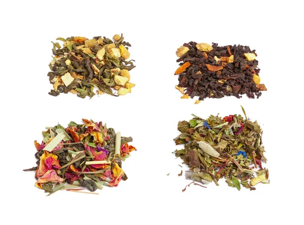 Draufsicht Auf Eine Auswahl Von Losen Teeblättern Isoliert Auf Weiß — Stockfoto