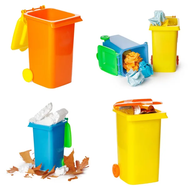 Concept de recyclage. Poubelles colorées pour différentes ordures sur fond blanc — Photo