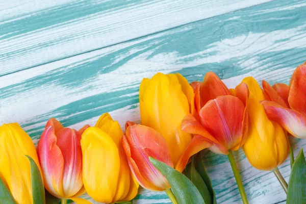 Tulipany na tle niebieskiego drewna. Wiosenny kwiat. — Zdjęcie stockowe