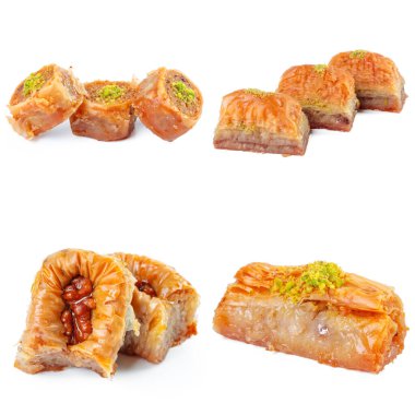 Lezzetli doğu tatlıları kolajı beyaza izole edilmiş.
